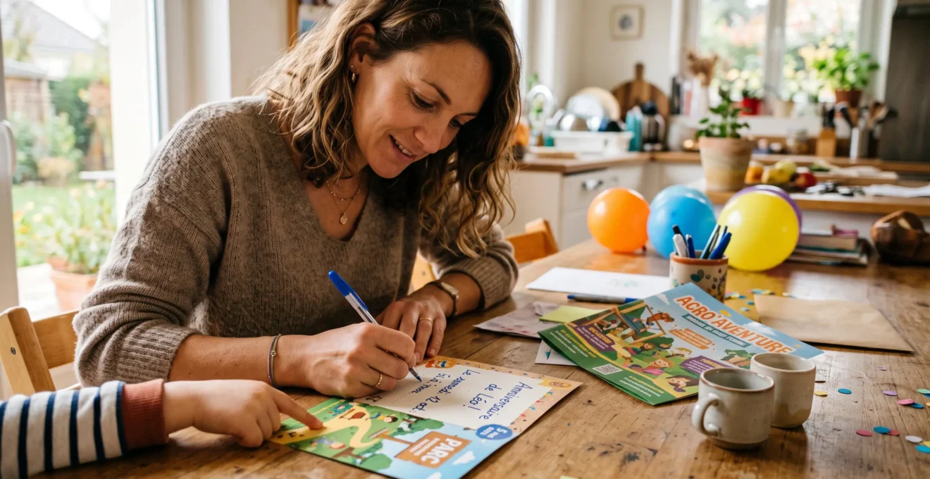 Un parent finalise un carton d'invitation d'anniversaire sur une table de cuisine.