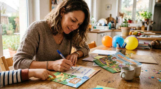 Un parent finalise un carton d'invitation d'anniversaire sur une table de cuisine.